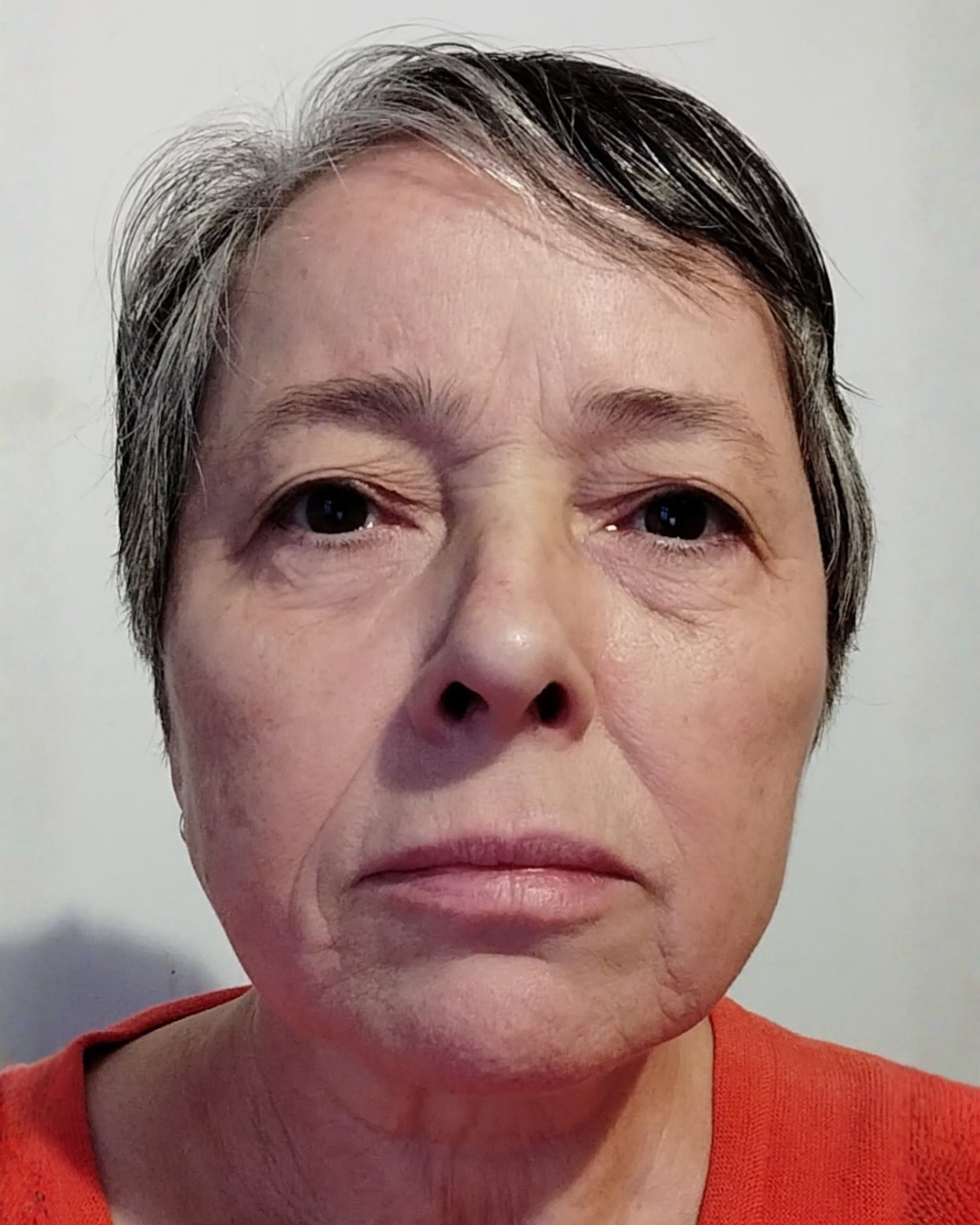 Nahaufnahme einer Frau mit kurzen grau-schwarzen Haaren und ernstem Gesichtsausdruck. Sie blickt frontal in die Kamera und trägt ein orangefarbenes Oberteil. Der Hintergrund ist hell und einfarbig.