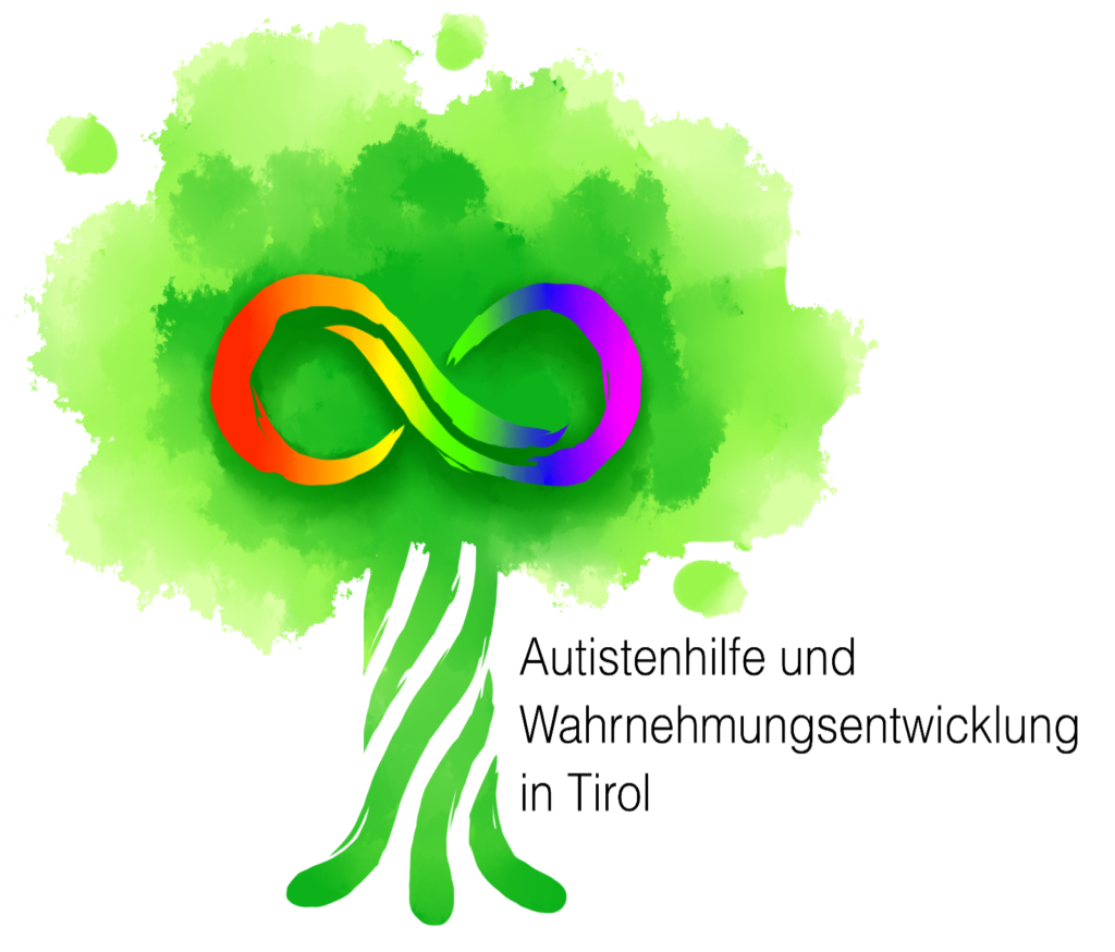 Logo der „Autistenhilfe und Wahrnehmungsentwicklung in Tirol“. Zu sehen ist ein stilisierter grüner Baum mit einer farbigen Unendlichkeitsschleife in der Baumkrone. Rechts daneben steht der Name der Organisation in schwarzer Schrift.