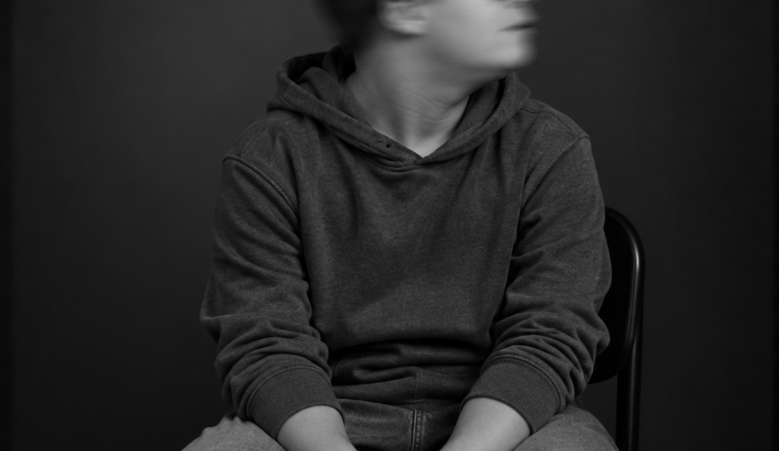 Sitzende Person in dunklem Pullover und heller Hose, die zur Seite blickt. Das Gesicht ist durch Bewegungsunschärfe verschwommen.