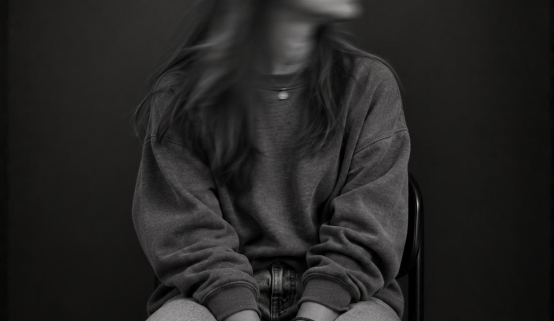 Sitzende Person mit langen Haaren, dunkler Jacke und heller Hose, die beide Hände zwischen den Knien hält. Das zur Seite gedrehte Gesicht ist durch Bewegungsunschärfe verschwommen.