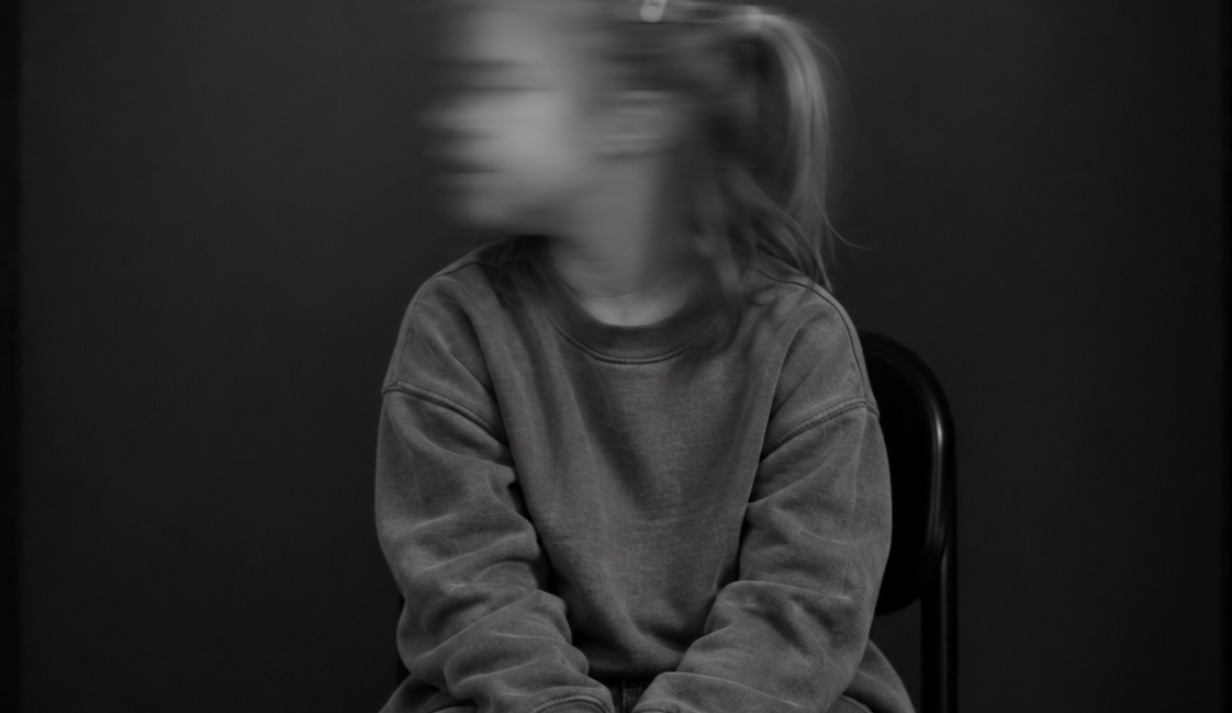 Sitzende Person mit kurzen Haaren und dunkler Kleidung, die beide Hände auf den Knien hält. Das zur Seite gedrehte Gesicht ist durch Bewegungsunschärfe verschwommen.