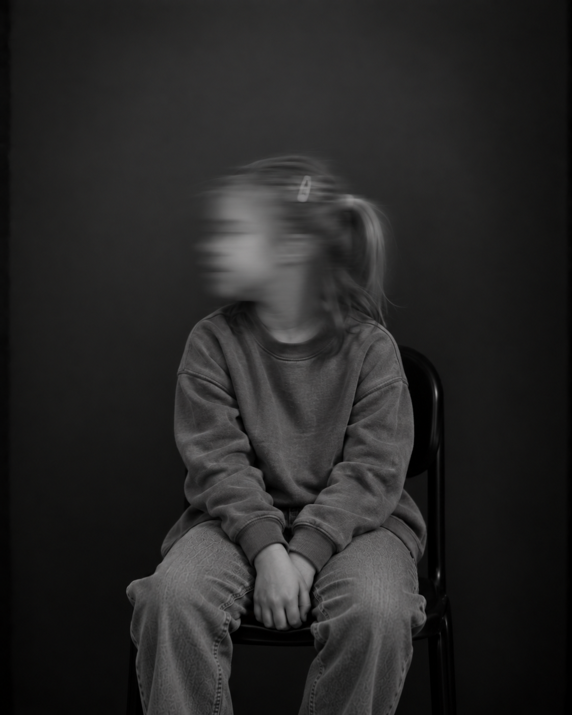 Sitzende Person mit kurzen Haaren und dunkler Kleidung, die beide Hände auf den Knien hält. Das zur Seite gedrehte Gesicht ist durch Bewegungsunschärfe verschwommen.