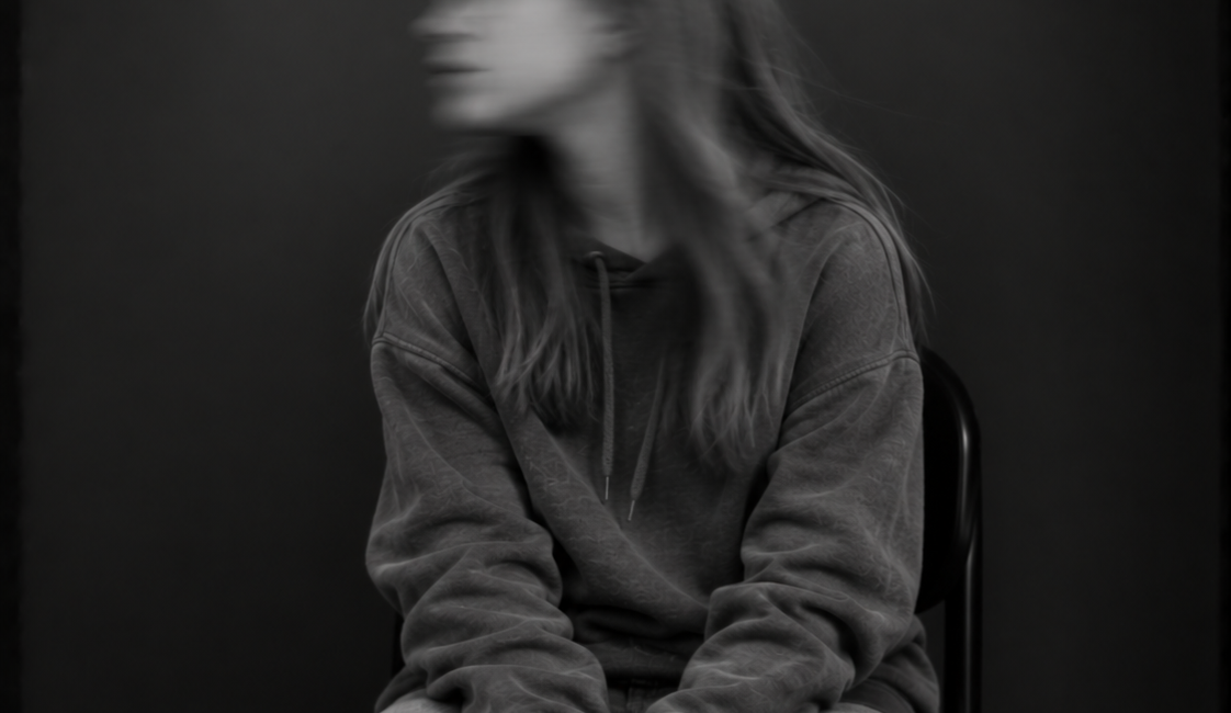 Sitzende Person mit langen Haaren und dunkler Kleidung, die beide Hände zwischen den Knien hält. Das zur Seite gedrehte Gesicht ist durch Bewegungsunschärfe verschwommen.