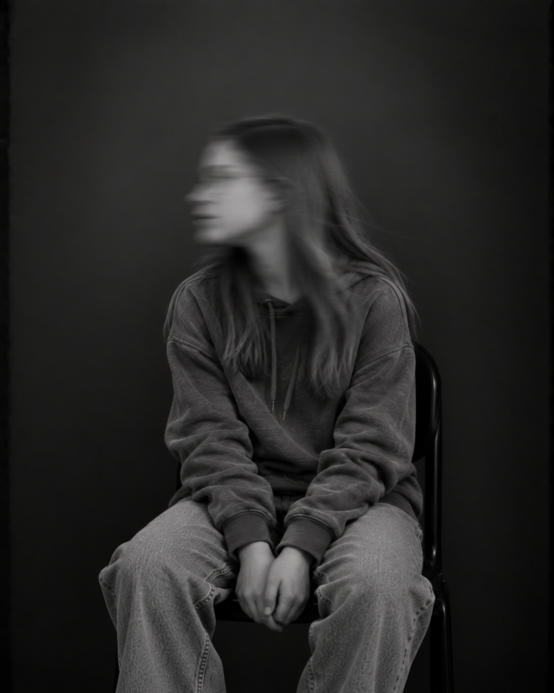 Sitzende Person mit langen Haaren und dunkler Kleidung, die beide Hände zwischen den Knien hält. Das zur Seite gedrehte Gesicht ist durch Bewegungsunschärfe verschwommen.