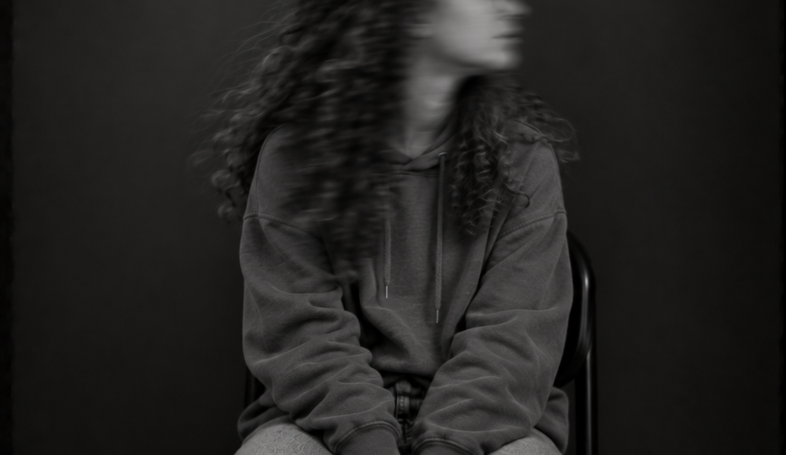 Sitzende Person mit langen dunklen Haaren, dunklem Pullover und heller Hose. Das zur Seite gedrehte Gesicht ist durch Bewegungsunschärfe verschwommen.