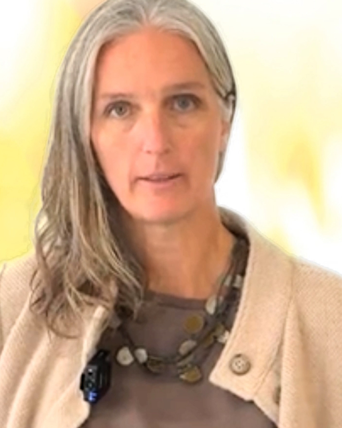 Eine Frau mit langen grauen Haaren blickt in die Kamera. Sie trägt ein graubraunes Oberteil, eine beige Strickjacke und eine Halskette. An ihrer Kleidung ist ein kleines Mikrofon befestigt. Im Hintergrund ist eine helle Wand zu sehen.