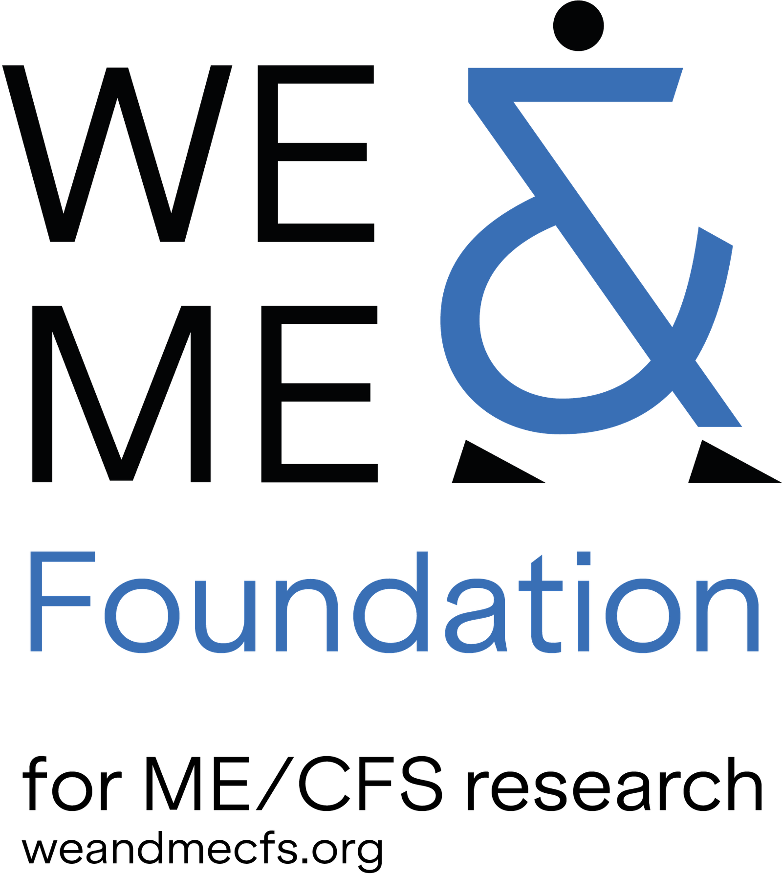 Logo der „WE & ME Foundation for ME/CFS research“. Links stehen die Buchstaben „WE“ und „ME“ in Schwarz, rechts ist ein blaues stilisiertes Symbol einer Person im Rollstuhl dargestellt. Darunter stehen „Foundation“ in Blau sowie „for ME/CFS research“ und „weandmecfs.org“ in Schwarz.